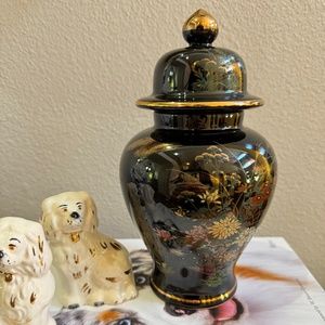 VINTAGE JAPANESE BLACK CERAMIC FLORAL GINGER JAR WITH LID AND VASE GOLD ACCENT